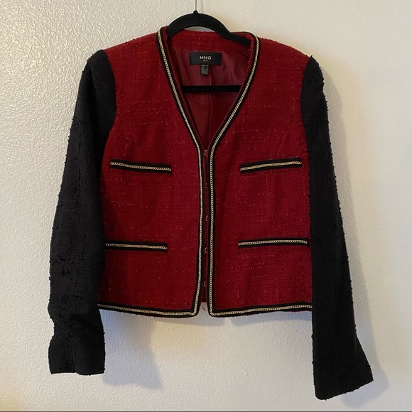 Mango Tweed Red Black Jacket L - Picture 2 of 12